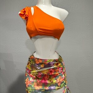 Orange One-Shoulder Top with Floral Skirt